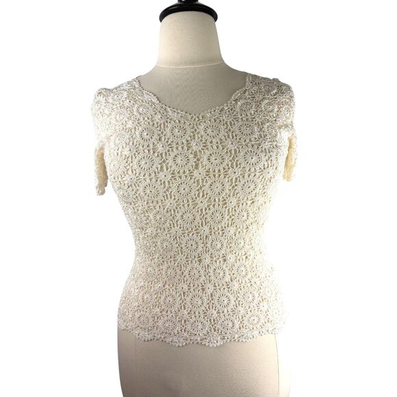VTG Boho Cottage Delicate Trinchetto Hand Crocheted Knit Blouse, Women's Large - Picture 5 of 11
